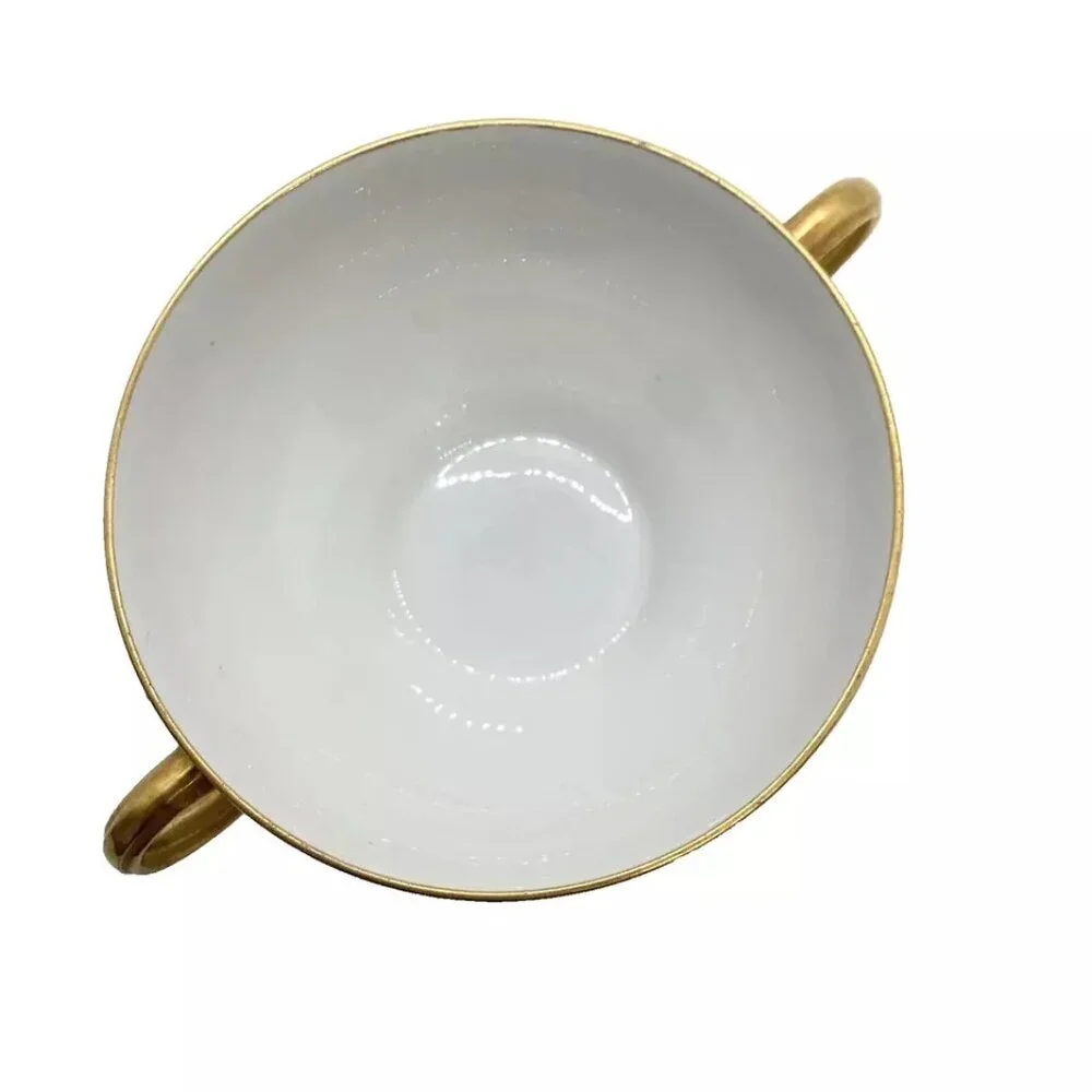 2 Limoges France W.G. & Co. Footed Bouillion Soup Cups Gold Bands Pattern GUE119